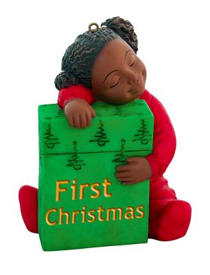 African American Girl in Red Holding Green Present First Christmas Holiday Ornament