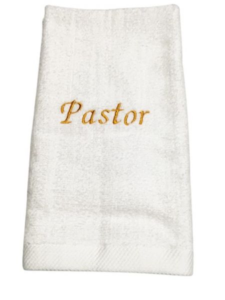 White Pastor Towel with Gold Lettering