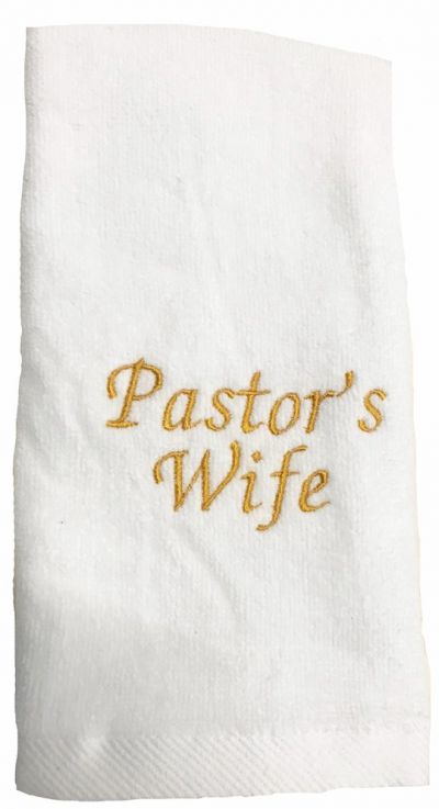 Pastor's Wife Towel with Gold Lettering-White