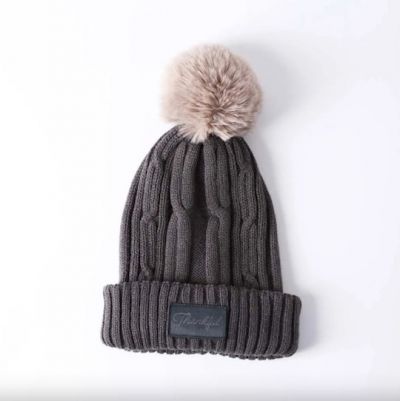 Gray Thankful Beanie with Pom Pom