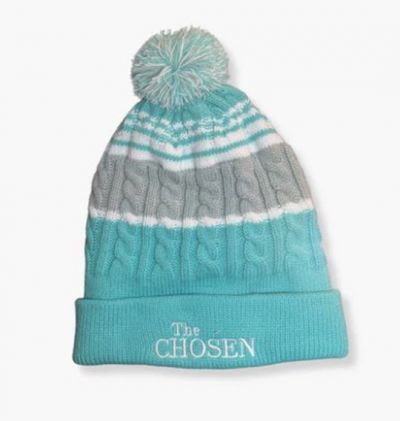 The Chosen Teal and Gray Striped Beanie with Pom Pom